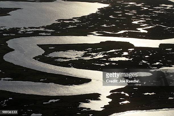 Grassy marsh wetlands of St. Bernard Parish are seen as work continues to try to protect it from the massive oil spill on May 9, 2010 in Gulf of...