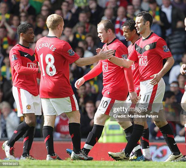 Ryan Giggs of Manchester United celebrates scoring their second goal during the Barclays Premier League match between Manchester United and Stoke...