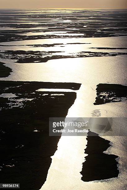 Grassy marsh wetlands of St. Bernard Parish are seen as work continues to try to protect it from the massive oil spill on May 9, 2010 in Gulf of...