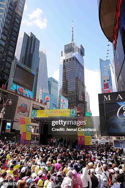 View of some of the estimated 10,000 walkers in Times Square at the finish of the "Live Your Best Life Walk" to celebrate O, The Oprah Magazine's...