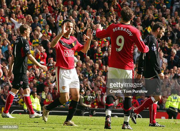 Ryan Giggs of Manchester United celebrates scoring their second goal during the Barclays Premier League match between Manchester United and Stoke...