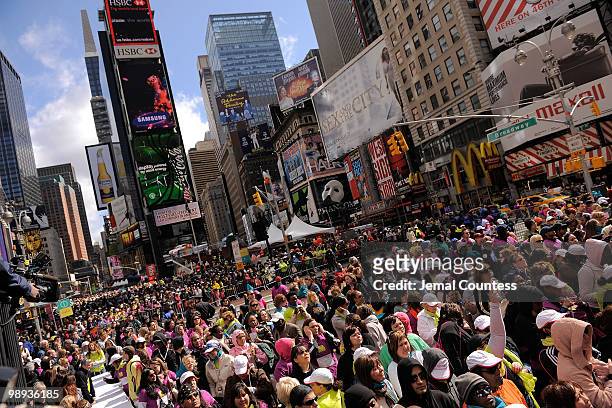 View of some of the estimated 10,000 walkers in Times Square at the finish of the "Live Your Best Life Walk" to celebrate O, The Oprah Magazine's...
