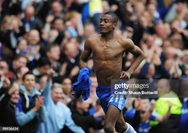 Salomon Kalou of Chelsea celebrates as he scores their third goal during the Barclays Premier League match between Chelsea and Wigan Athletic at...