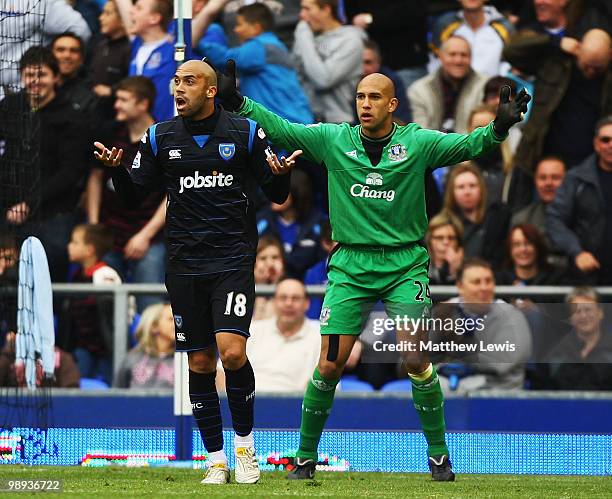 Anthony Vanden Borre of Portsmouth looks on, after his goal was disallowed during the Barclays Premier League match between Everton and Portsmouth at...
