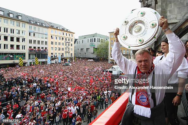 Assistent Coach Hermann Gerland of Bayern Muenchen celebrates the German championship title on the balcony of the town hall on May 9, 2010 in Munich,...