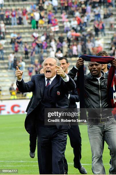 The Coach of Bologna FC Franco Colomba celebrates the the end of the Serie A match between Bologna FC and Catania Calcio at Stadio Renato Dall'Ara on...