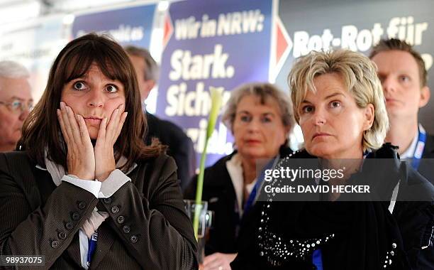 Supporters of Germany's Christian Democratic Union react as exit poll resuts are announced on state television at an election results party in the...