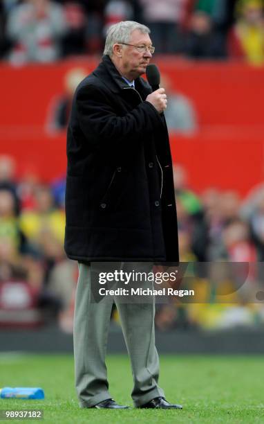 Manchester United Manager Sir Alex Ferguson makes a speech at the end of the Barclays Premier League match between Manchester United and Stoke City...