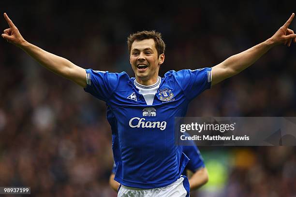 Diniyar Bilyaletdinov of Everton celebrates his goal during the Barclays Premier League match between Everton and Portsmouth at Goodison Park on May...