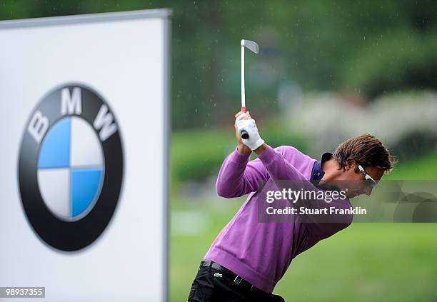 Nicolas Colsaerts of Belgium plays his tee shot on the 12th hole during the final round of the BMW Italian Open at Royal Park I Roveri on May 9, 2010...