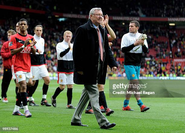 Manchester United Manager Sir Alex Ferguson walks around the pitch at the end of the Barclays Premier League match between Manchester United and...