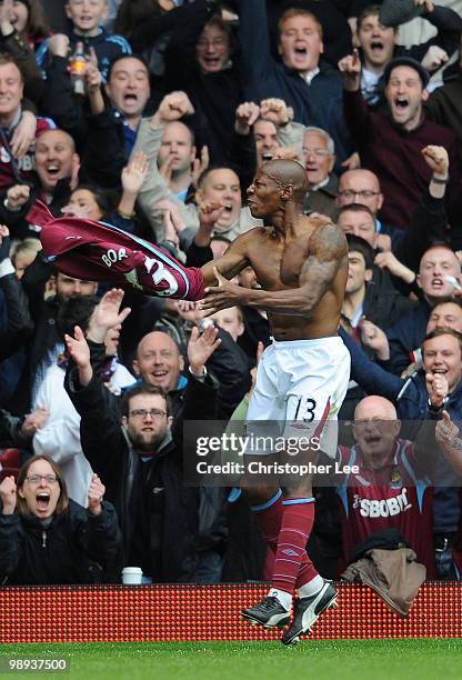 Luis Boa Morte of West Ham celebrates scoring their first goal during the Barclays Premier League match between West Ham United and Manchester City...