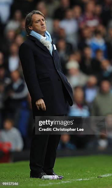 Manager Roberto Mancini of Man City during the Barclays Premier League match between West Ham United and Manchester City at Boleyn Ground on May 9,...