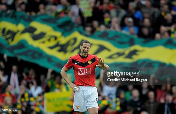 Rio Ferdinand of Manchester United gestures during the Barclays Premier League match between Manchester United and Stoke City at Old Trafford on May...