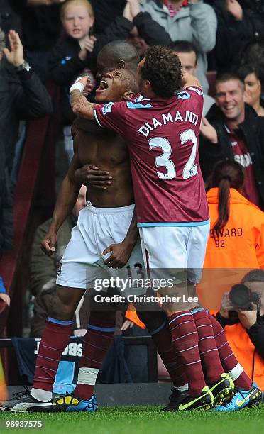 Luis Boa Morte of West Ham celebrates scoring their first goal during the Barclays Premier League match between West Ham United and Manchester City...