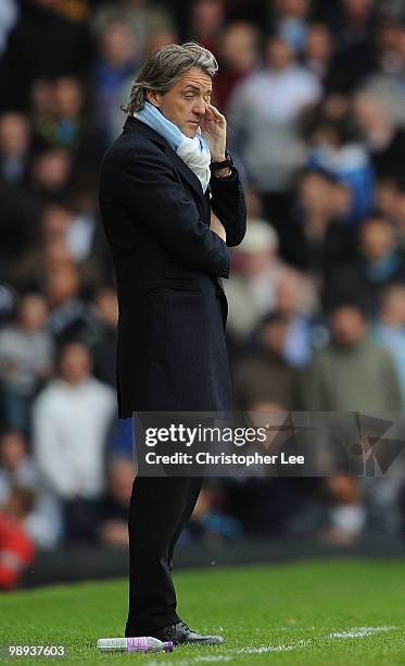 Manager Roberto Mancini of Man City during the Barclays Premier League match between West Ham United and Manchester City at Boleyn Ground on May 9,...