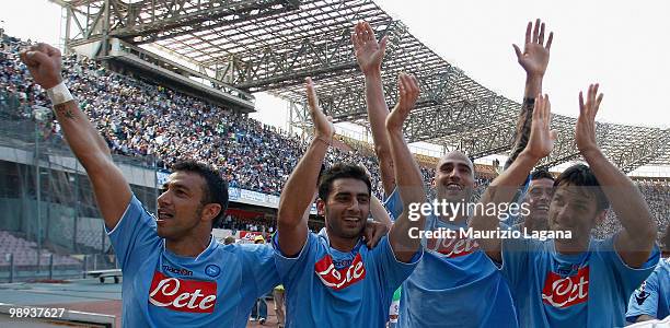 Fabio Quagliarella, Michele Pazienza, Paolo Cannavaro and Cristian Maggio of SSC Napoli celebrate after the Serie A match between SSC Napoli and...