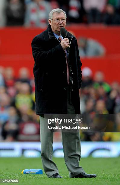 Manchester United Manager Sir Alex Ferguson makes a speech at the end of the Barclays Premier League match between Manchester United and Stoke City...