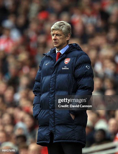 Arsene Wenger the Arsenal manager during the Barclays Premier League match between Arsenal and Fulham at The Emirates Stadium on May 9, 2010 in...