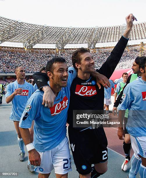 Fabio Quagliarella and Morgan De Santis of SSC Napoli celebrate after the Serie A match between SSC Napoli and Atalanta BC at Stadio San Paolo on May...