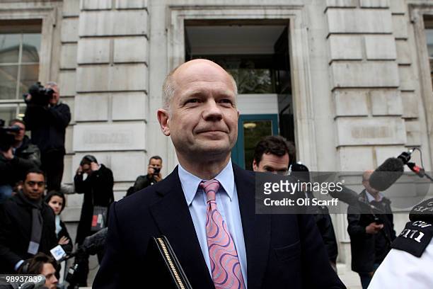 William Hague, the Conservatives Shadow Foreign Secretary, leaves the Cabinet Office following talks with a team of senior figures from the Liberal...