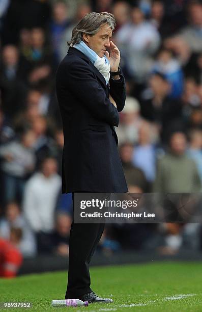 Manager Roberto Mancini of Man City during the Barclays Premier League match between West Ham United and Manchester City at Boleyn Ground on May 9,...