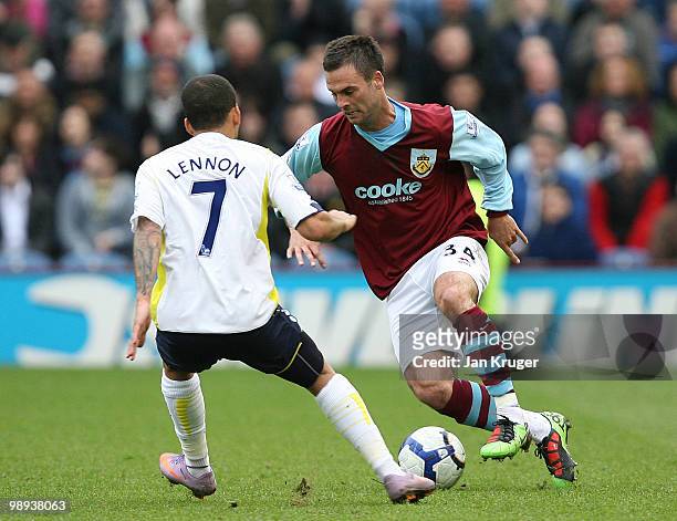 Daniel Fox of Burnley battles with Aaron Lennon of Tottenham Hotspur during the Barclays Premier League match between Burnley and Tottenham Hotspur...
