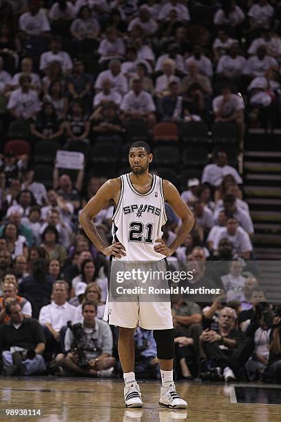 Tim Duncan of the San Antonio Spurs in Game Three of the Western Conference Semifinals during the 2010 NBA Playoffs at AT&T Center on May 7, 2010 in...