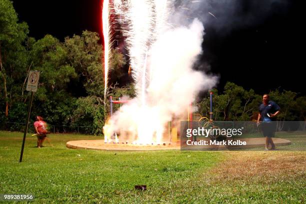Fireworks a seen going off in a children's playground during Territory Day celebrations on July 1, 2018 in Darwin, Australia. Every year on July 1,...