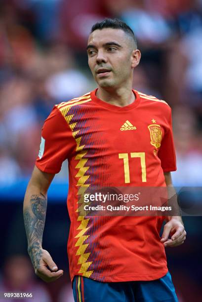 Iago Aspas of Spain reacts during the 2018 FIFA World Cup Russia Round of 16 match between Spain and Russia at Luzhniki Stadium on July 1, 2018 in...