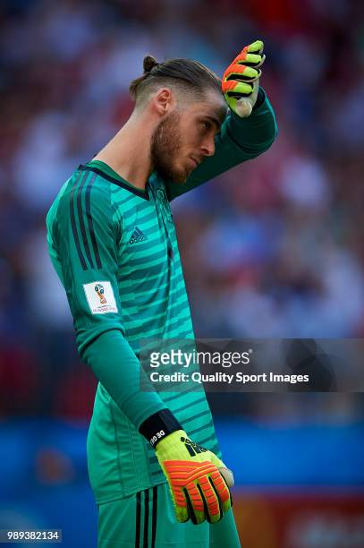 David De Gea of Spain reacts during the 2018 FIFA World Cup Russia Round of 16 match between Spain and Russia at Luzhniki Stadium on July 1, 2018 in...