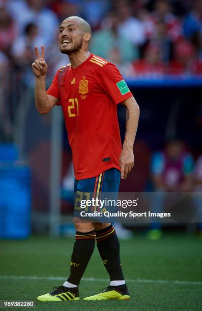 David Silva of Spain reacts during the 2018 FIFA World Cup Russia Round of 16 match between Spain and Russia at Luzhniki Stadium on July 1, 2018 in...