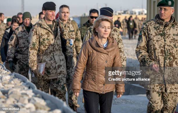 German Defence Minister Ursula von der Leyen takes a walk in the military camp Marmal in Masar-i-scharif in Afghanistan, 19 December 2017. Von der...