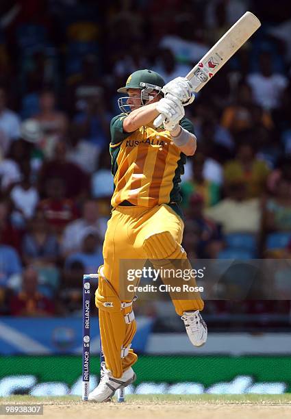 Shane Watson of Australia hits out during the ICC World Twenty20 Super Eight match between Sri Lanka and Australia at the Kensington Oval on May 9,...