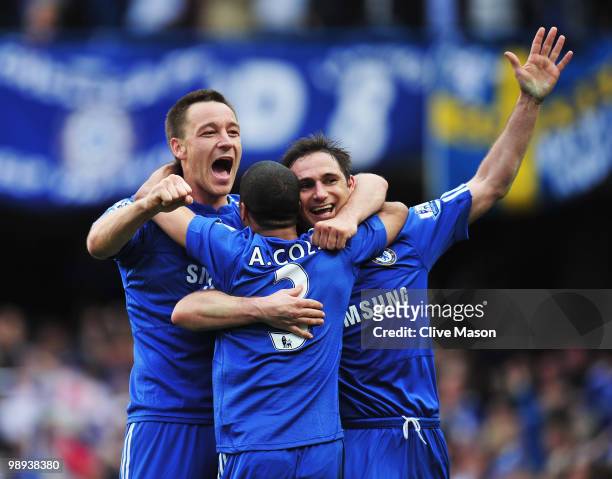 John Terry, Ashley Cole and Frank Lampard of Chelsea celebrate as they win the title after the Barclays Premier League match between Chelsea and...