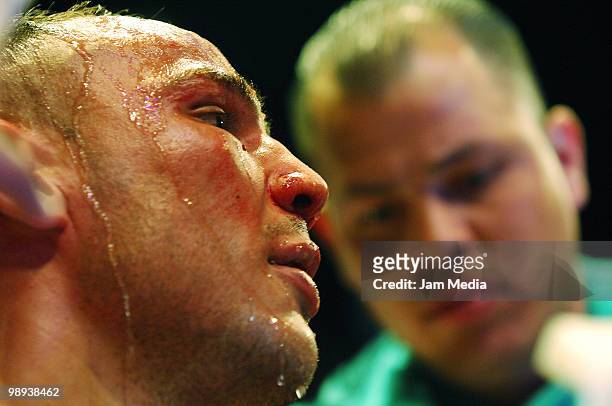 Mexican Urbano Antillon gets hurt during a Lightweight fight with Rene Gonzalez of Nicaragua at Bullring Monumental of Aguas Calientes on May 08,...