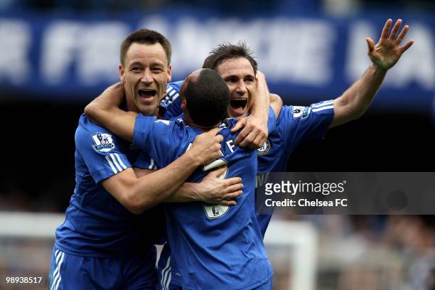 John Terry, Ashley Cole and Frank Lampard celebrate after winning the league with an 8-0 victory during the Barclays Premier League match between...