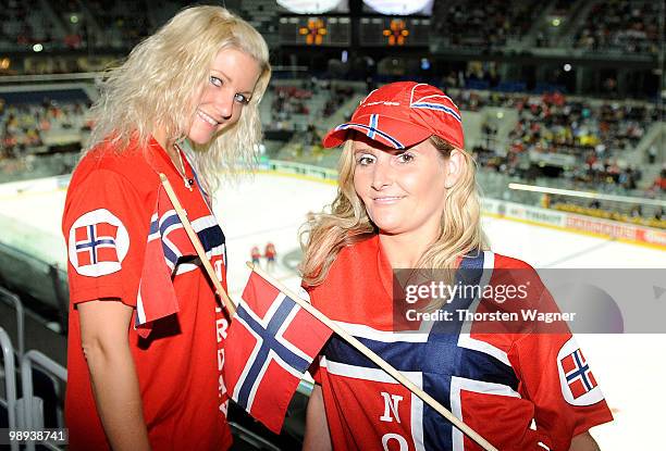 Fans of of Norway pose prior to the IIHF World Championship group C match between Czech Republic and France at SAP Arena on May 9, 2010 in Mannheim,...