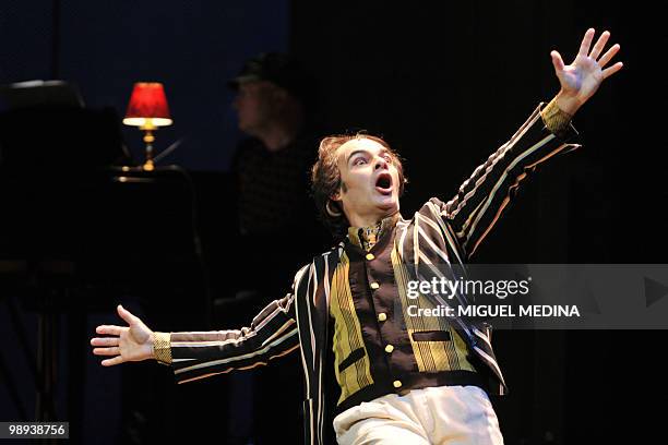 Lionel Peintre plays Des Rillettes during a rehearsal of the opera "Les Boulingrin" directed by Jerome Deschamps on May 9, 2010 at the Opera Comique...