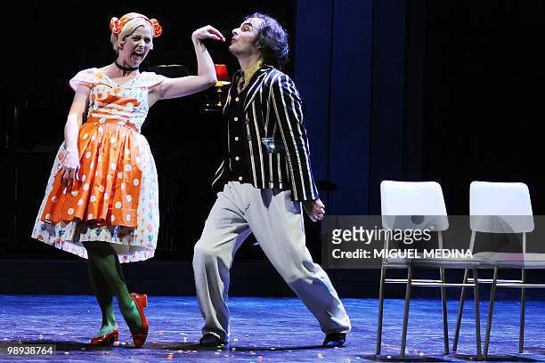 Donatienne Michel-Dansac and Lionel Peintre play Felicie and Des Rillettes, during a rehearsal of the opera "Les Boulingrin" directed by Jerome...