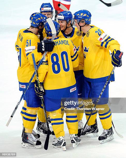 Eric Karlsson celebrates after scoring his team's second goal during the IIHF World Championship group C match between Czech Republic and France at...