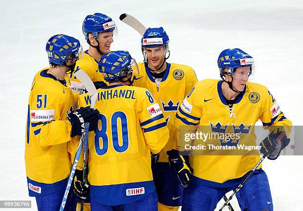 Eric Karlsson celebrates after scoring his team's second goal during the IIHF World Championship group C match between Czech Republic and France at...