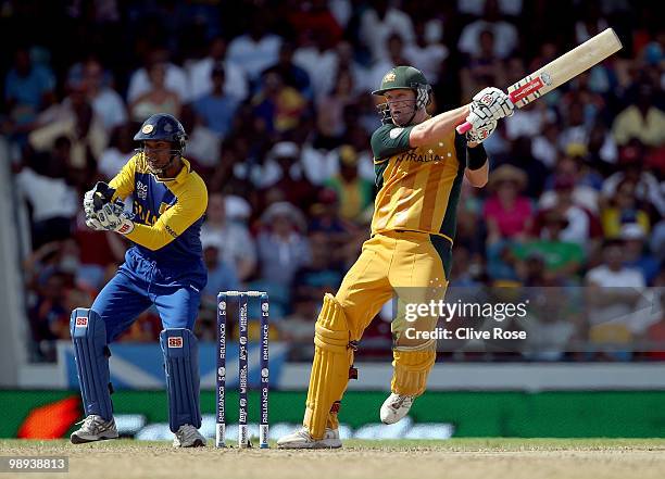 Cameron White of Australia hits out during the ICC World Twenty20 Super Eight match between Sri Lanka and Australia at the Kensington Oval on May 9,...