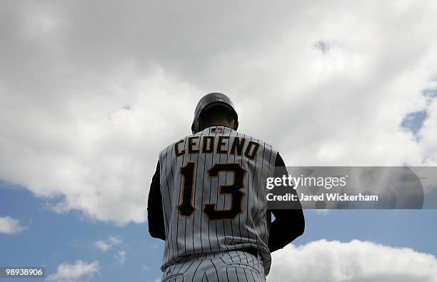 Ronny Cedeno of the Pittsburgh Pirates waits in the on deck circle during the game against the St. Louis Cardinals on May 9, 2010 at PNC Park in...