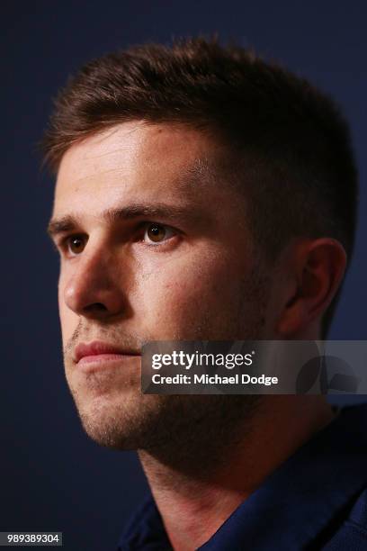 Marc Murphy of the Carlton Blues speaks to the media during a media opportunity at Ikon Park on July 2, 2018 in Melbourne, Australia.