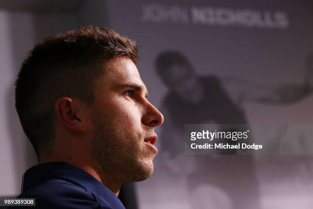Marc Murphy of the Carlton Blues speaks to the media during a media opportunity at Ikon Park on July 2, 2018 in Melbourne, Australia.