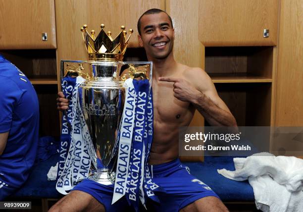 Chelsea's Ashley Cole celebrates with the trophy after winning the league with an 8-0 victory during the Barclays Premier League match between...