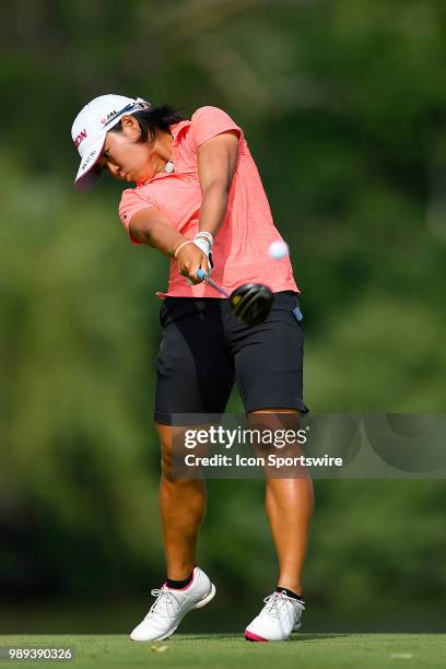 Nasa Hataoka of Japan hits her tee shot on the seventh hole during the final round of the KPMG Women's PGA Championship on July 1, 2018 at the Kemper...