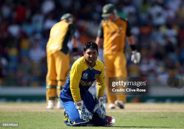 Kumar Sangakkara of Sri Lanka looks on as the ball runs for four during the ICC World Twenty20 Super Eight match between Sri Lanka and Australia at...