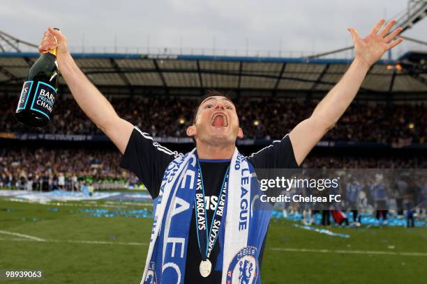 Chelsea's Frank Lampard celebrates after winning the league with an 8-0 victory during the Barclays Premier League match between Chelsea and Wigan...